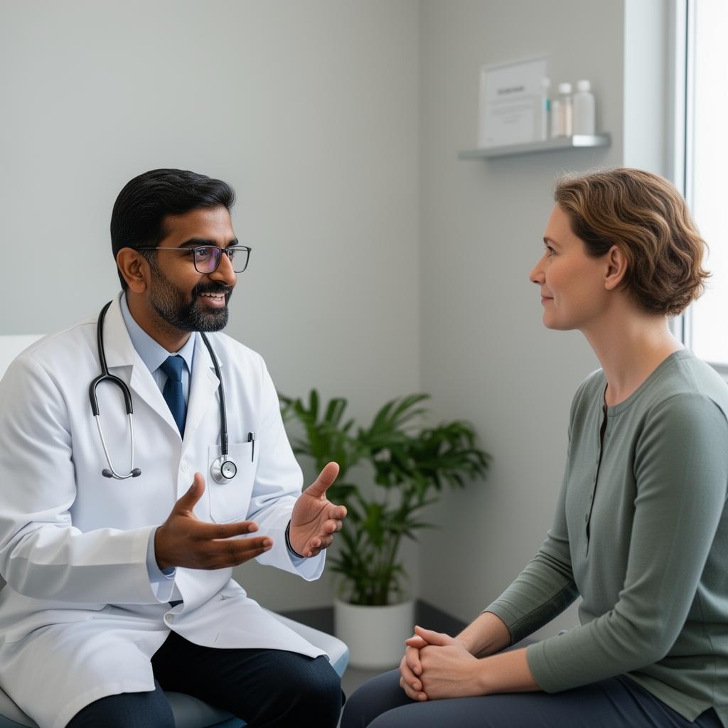 An Indian doctor speaking with a patient in a calm clinical setting