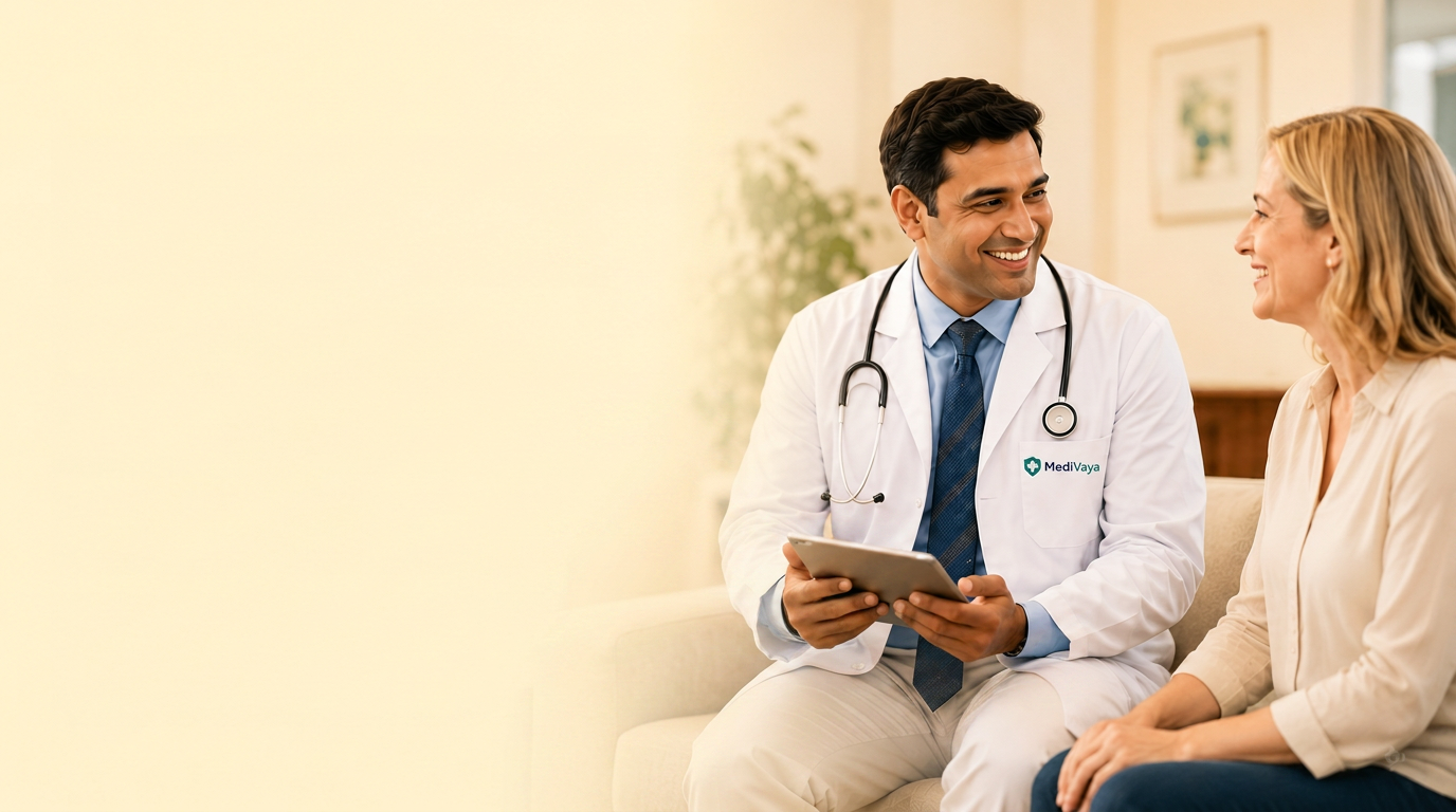 Doctor consulting an elderly patient in a warm clinical setting